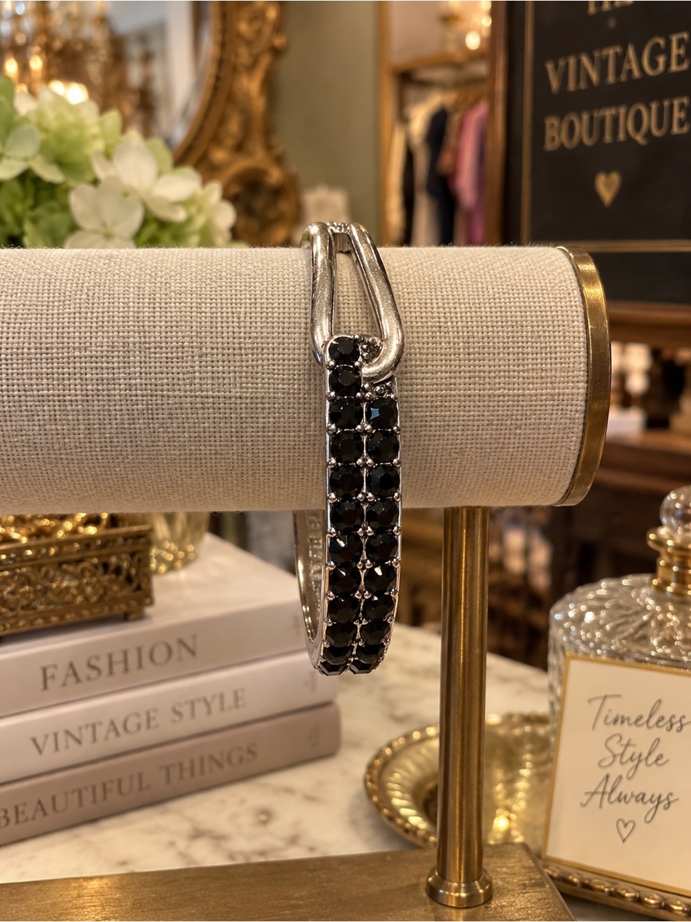Black Crystal Double-Row Bangle Bracelet